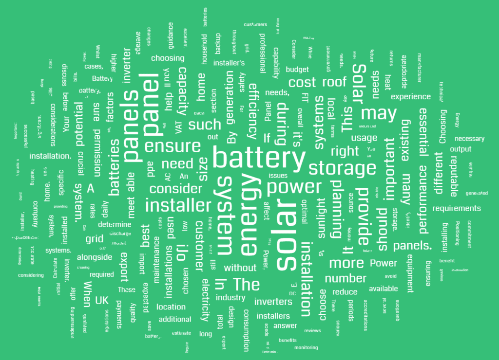 Word wall for the iJo Power blog entitled Ultimate Solar Panel Battery Storage Guide UK.